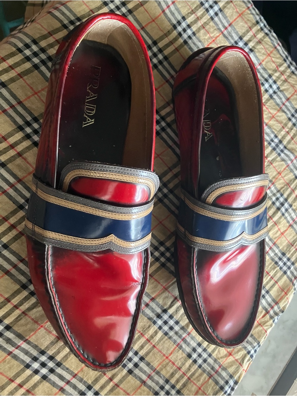 Prada Red Leather Loafers with Navy and Gold Trim